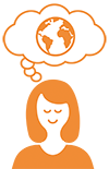 graphic of woman with eyes closed and thought bubble overhead with globe inside