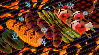 food on a barbecue grill with molecules