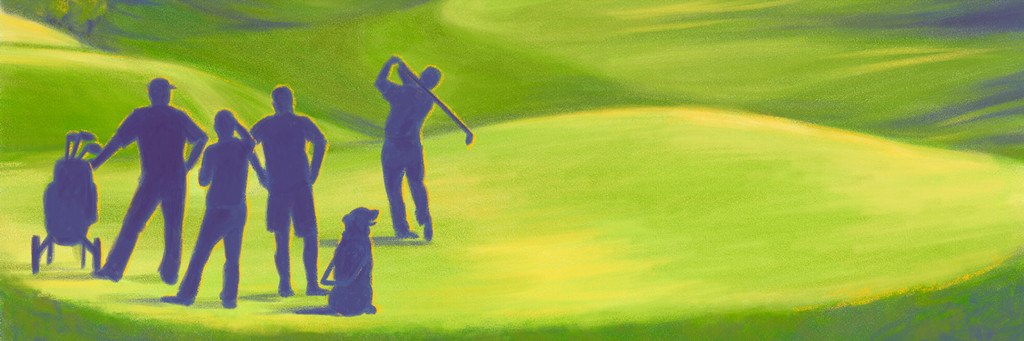 An illustration of a group of men playing golf. A seeing eye dog sits amongst the group.
