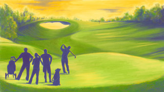 An illustration of a group of men playing golf. A seeing eye dog sits amongst the group.