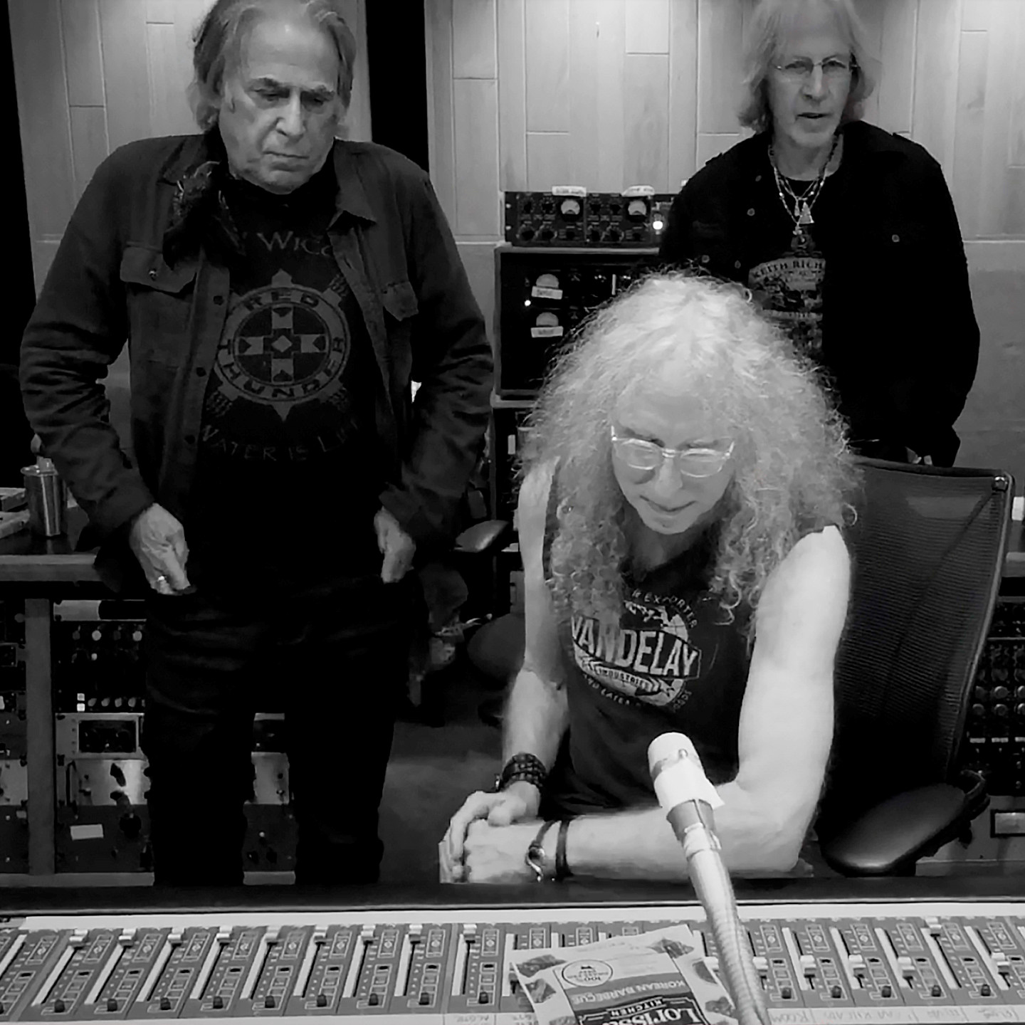 Musicians Danny Kortchmar, Waddy Wachtel, and Steve Postel in a recording studio