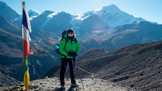 Gwynne McCue, ’97, climbing in the mountains of Nepal