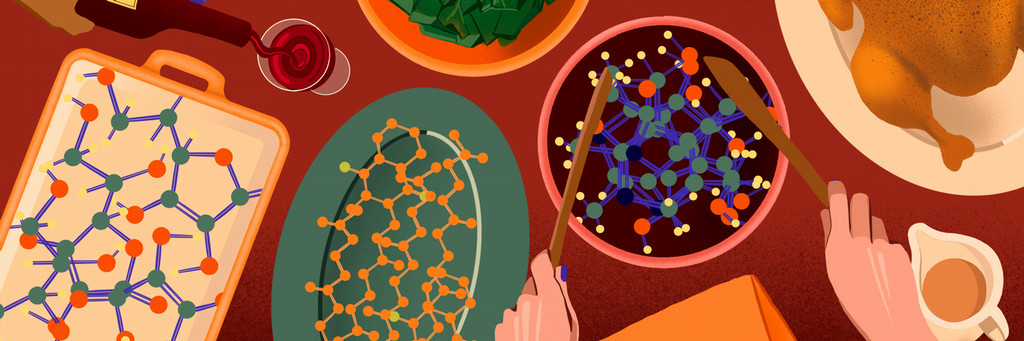 An illustration of a Thanksgiving tablescape. The side dishes show the molecules representing the nutrients they contain.