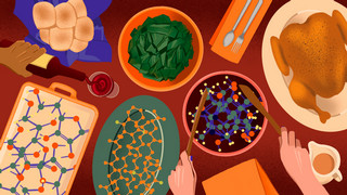 An illustration of a Thanksgiving tablescape. The side dishes show the molecules representing the nutrients they contain.
