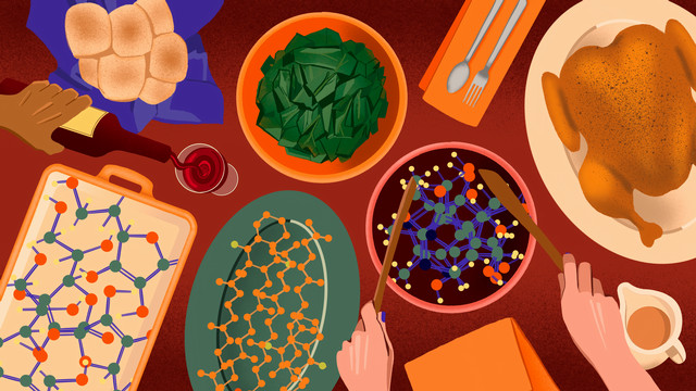 An illustration of a Thanksgiving tablescape. The side dishes show the molecules representing the nutrients they contain.