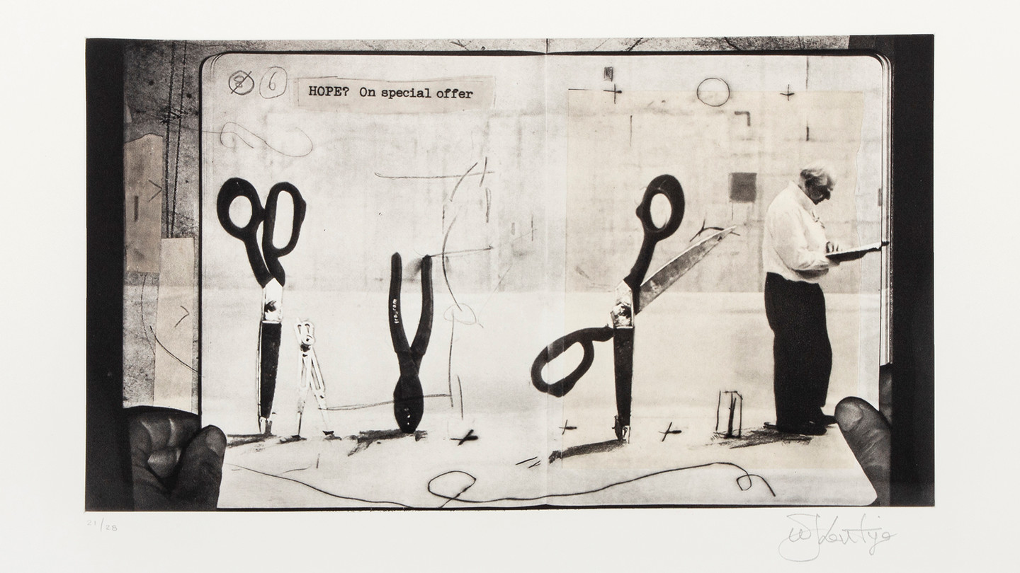 An art piece with scissors.