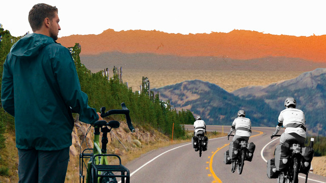 A collage of biker biking down a road amongst mountains and the sunset.