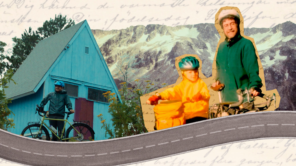 A collage featuring a house, trees, road, and people on bicycles.