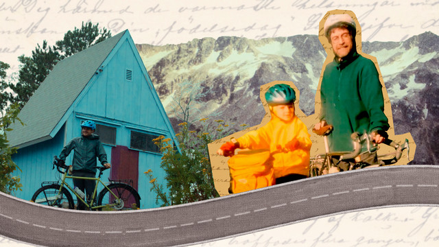 A collage featuring a house, trees, road, and people on bicycles.
