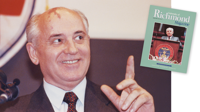 Mikhail Gorbachev during his 1993 visit to the University of Richmond and the spring 1993 cover of University of Richmond Magazine