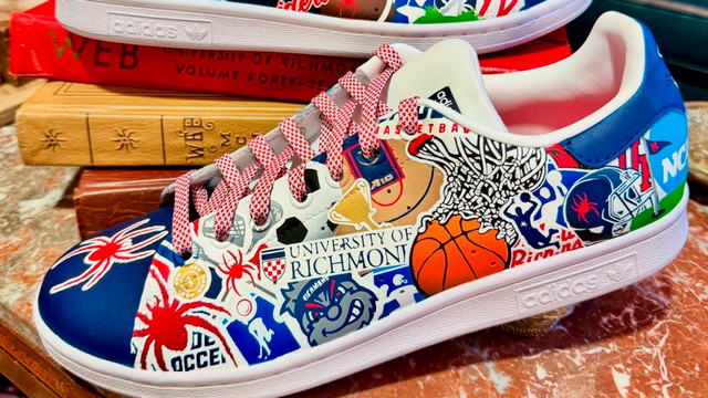 President Kevin F. Hallock's custom designed sneakers, created by Quentin Southall, ’24