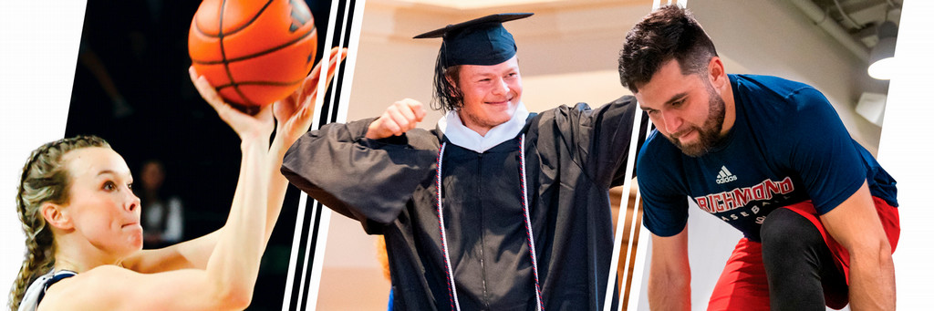 Three photos; A UR basketball player shooting a ball, a student athlete graduating, and a student athlete lifting weights.
