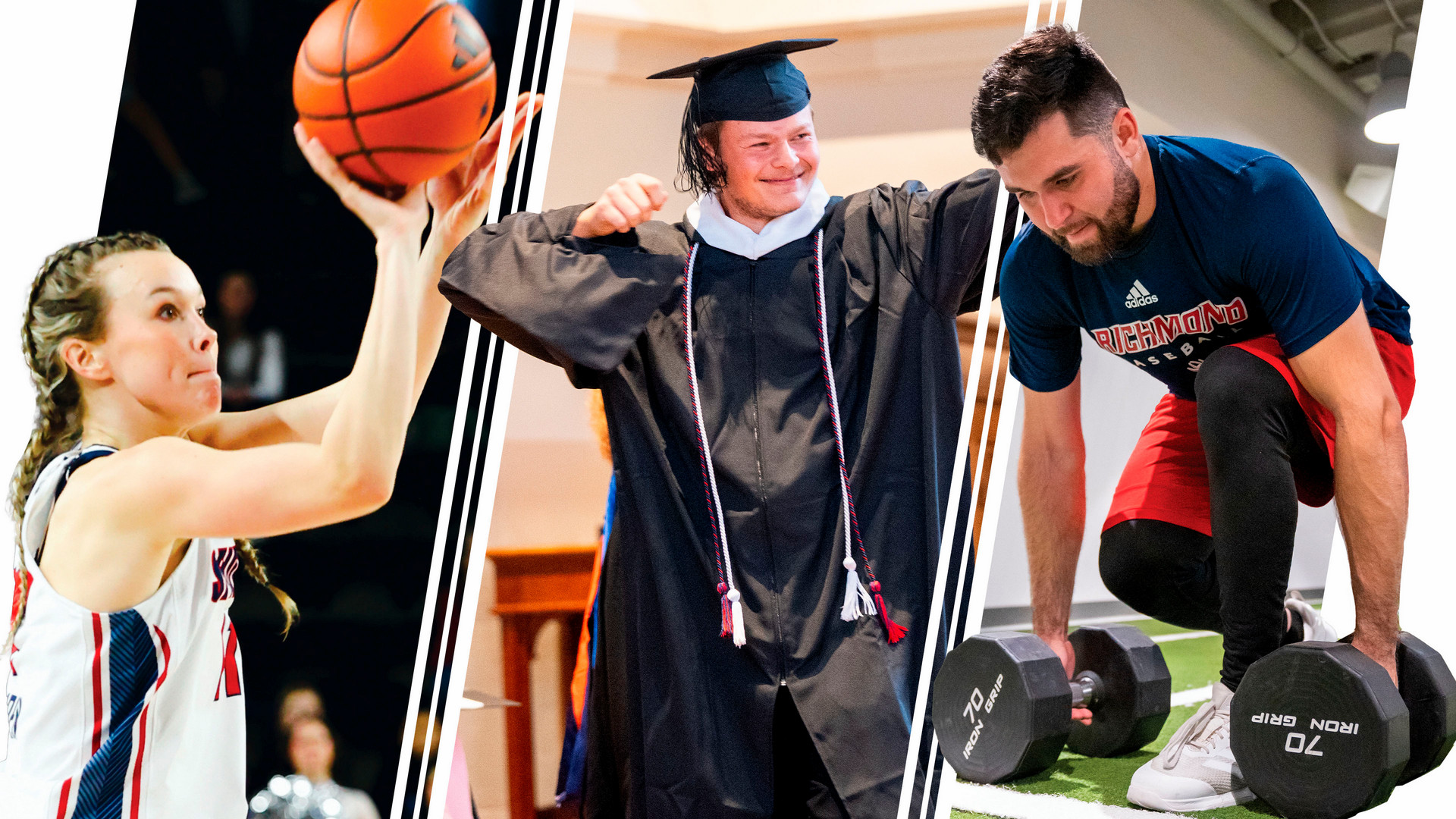 Three photos; A UR basketball player shooting a ball, a student athlete graduating, and a student athlete lifting weights.