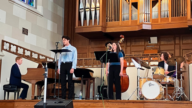 Benjamin Stalder, ’25, on piano and fellow musicians during “Jazz Mass” at Cannon Memorial Chapel 