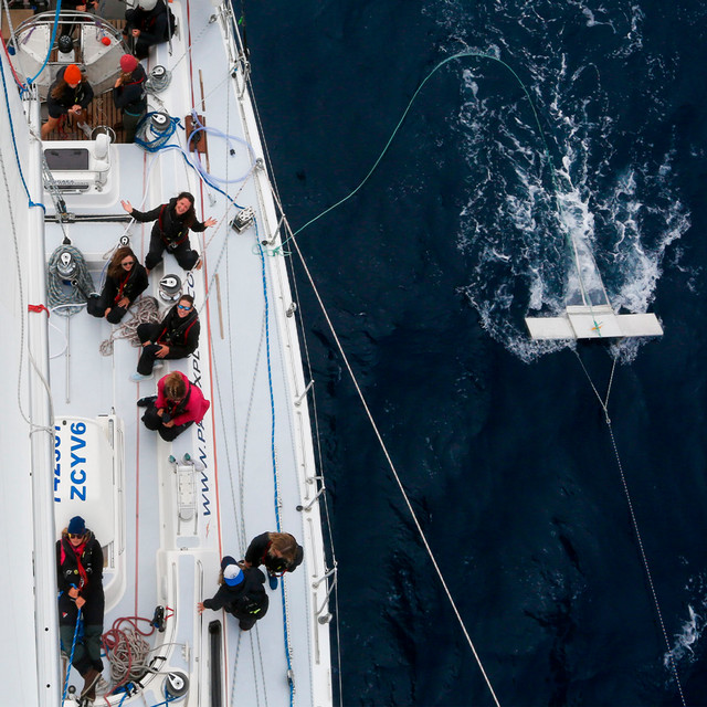 A birdseye view of the sailboat as they trawl for ocean debris.