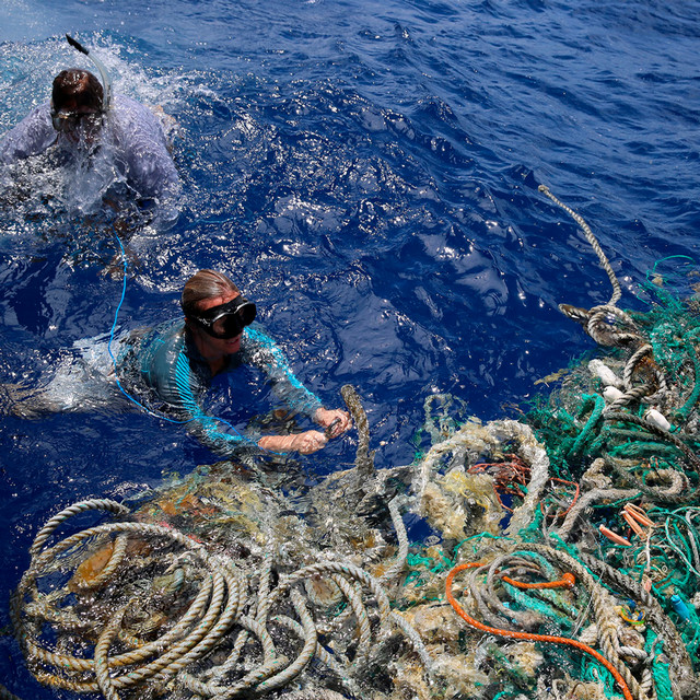 A piles of ropes in the ocean.