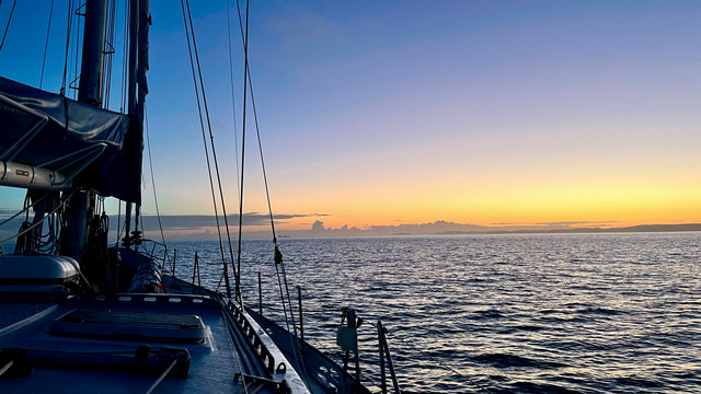 The sailboat on the ocean with the sun setting ahead of it.