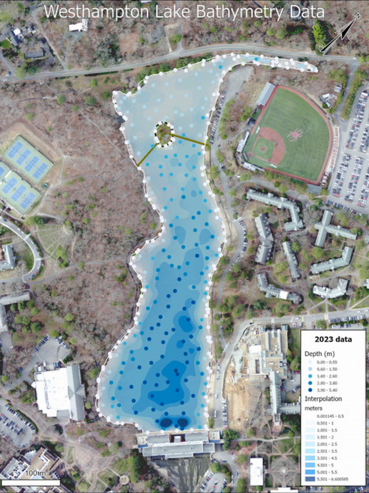 A bathymetry map of Westhampton Lake from 2023 showing topographic-style lines indicating water depth in meters, as well as depth markers to indicate specific data collection points.