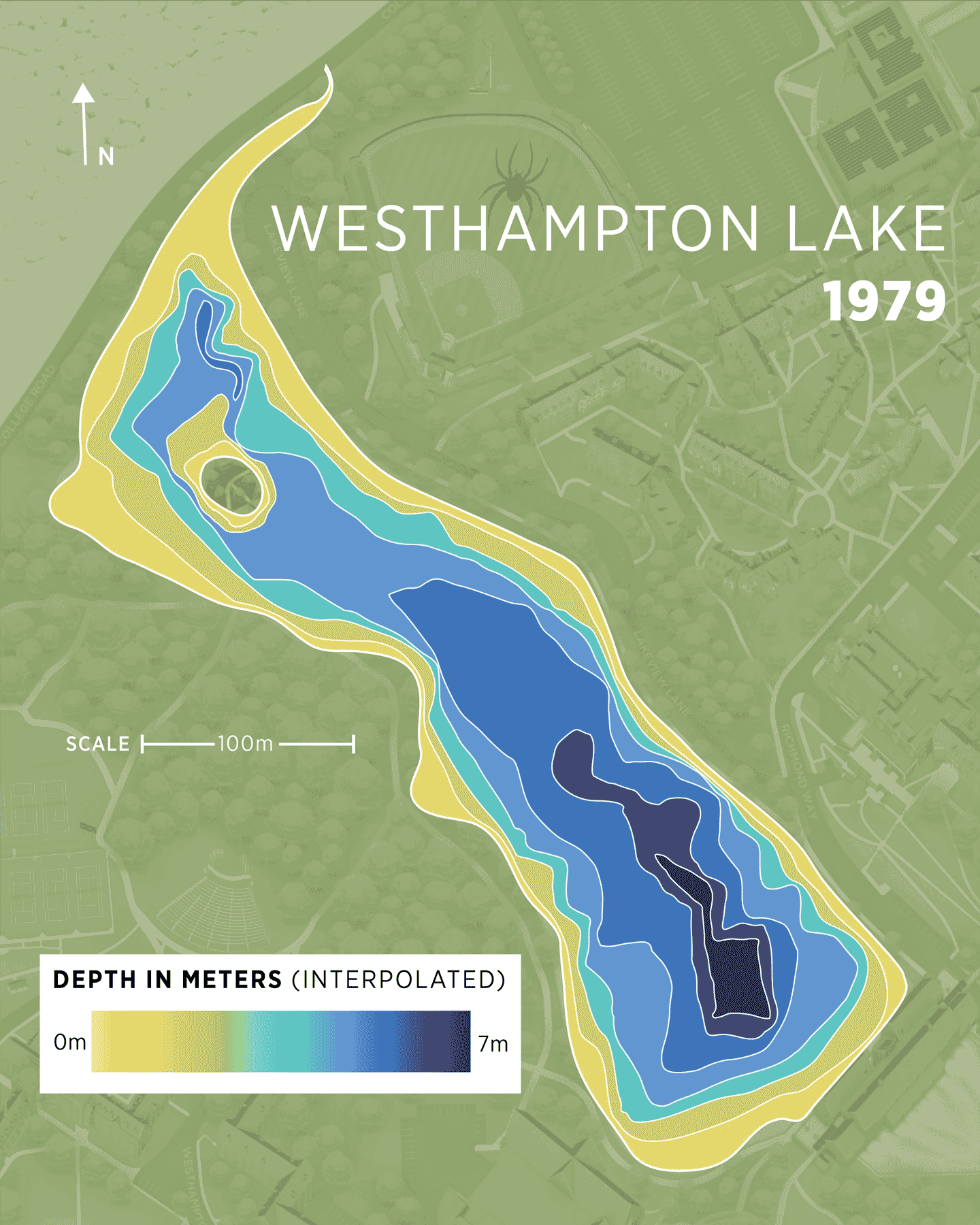 An animated gif showing the bathymetry data from 1979 and 2023 for westhampton lake at the university of richmond.