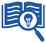 graphic of open book with magnifying glass above showing a light bulb