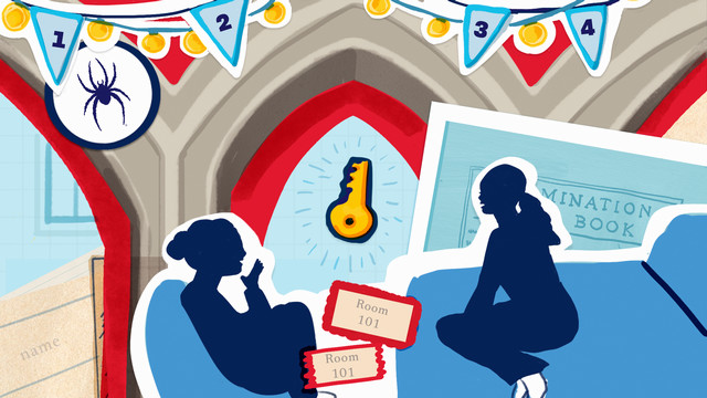 An illustration showing two roommates in silhouette, talking. They are frmaed by a gothic arch and a key hover between therm. There are other assorted images to suggest college life, liks a blue exam book, banners proclaiming each of the four years they lived together, and a Richmond spider logo.