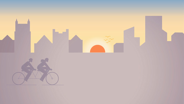 An illustration of a skyline that transitions from University of Richmond buildings into city of Richmond buildings. The sun is rising between two buildigns and a couple rides a tandem bicycle.