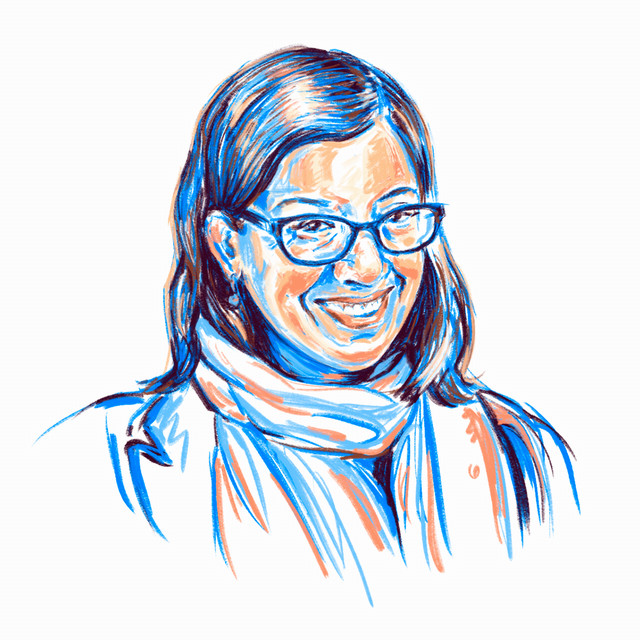 An illustrated portrait of Cynthia Paces with predominately blue tones.