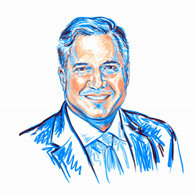An illustrated portrait of Drew Poffel with predominately blue tones.