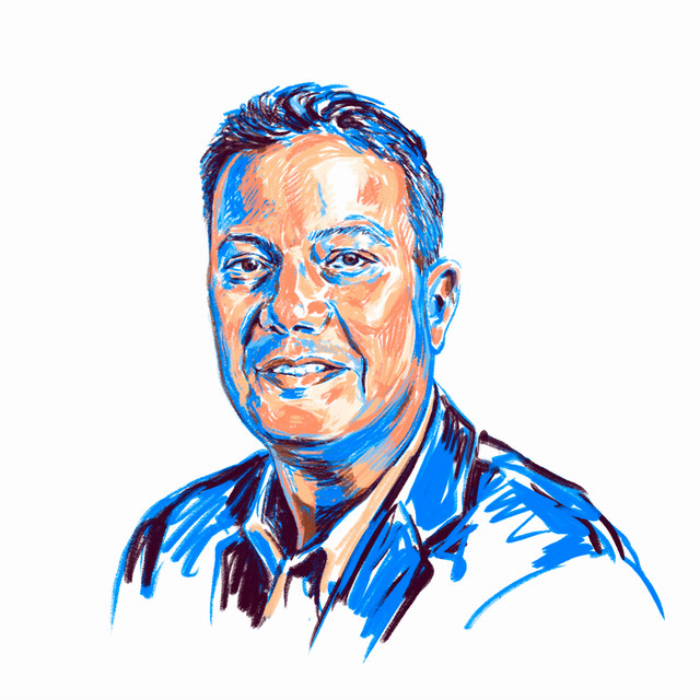 An illustrated portrait of Gene DeSouza with predominately blue tones.