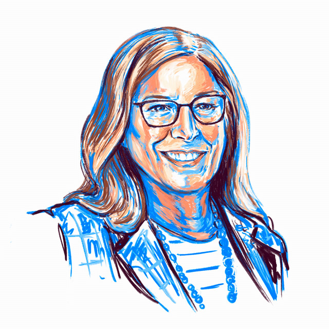 An illustrated portrait of Gwynne McCue with predominately blue tones.