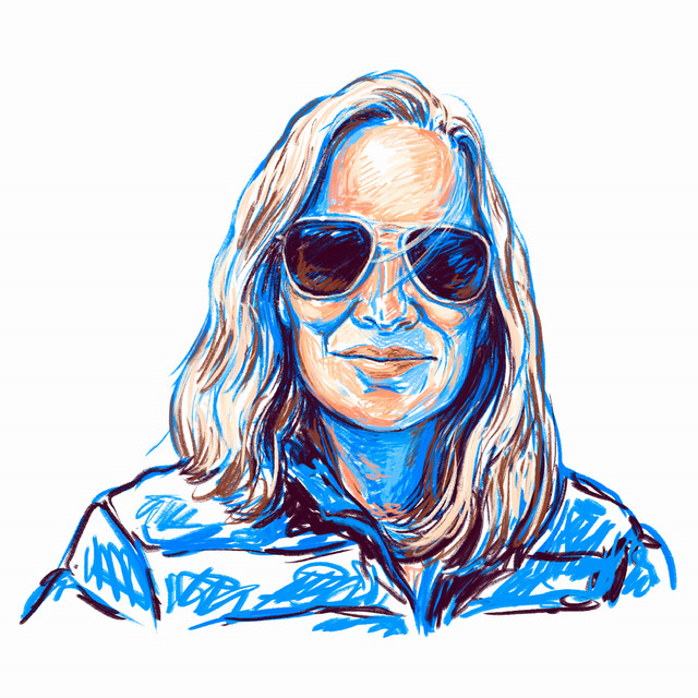 An illustrated portrait of Katie Fishman with predominately blue tones.