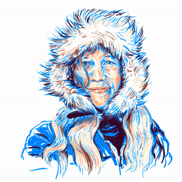 An illustrated portrait of Katie Losey with predominately blue tones.
