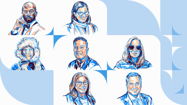 An illustrated portrait of alumni Kadeem Fyffe, Cynthia Paces, Katie Losey, Gene DeSouza, Katie Fishman, Drew Poffel, and Gwynne McCue with predominately blue tones.