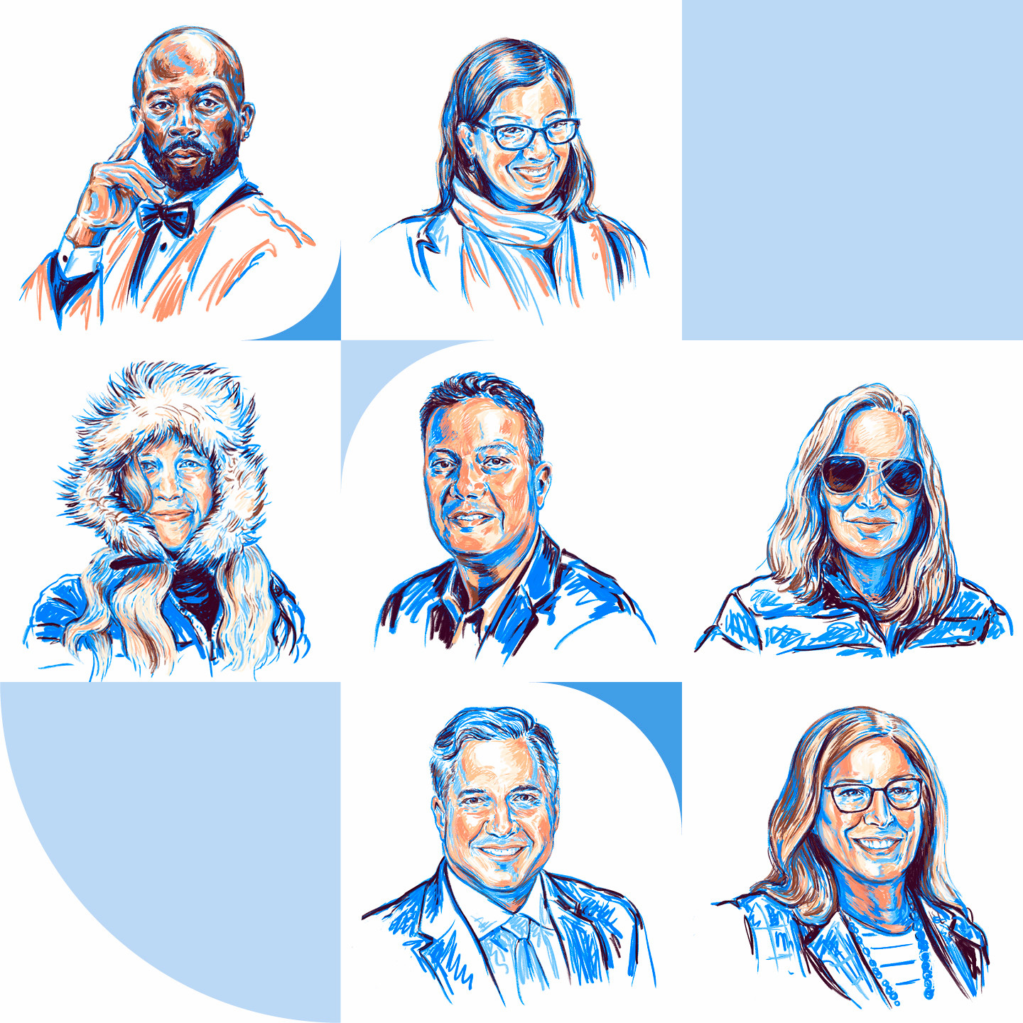 An collection of seven illustrated portraits of alumni Kadeem Fyffe, Cynthia Paces, Katie Losey, Gene DeSouza, Katie Fishman, Drew Poffel, and Gwynne McCue with predominately blue tones.