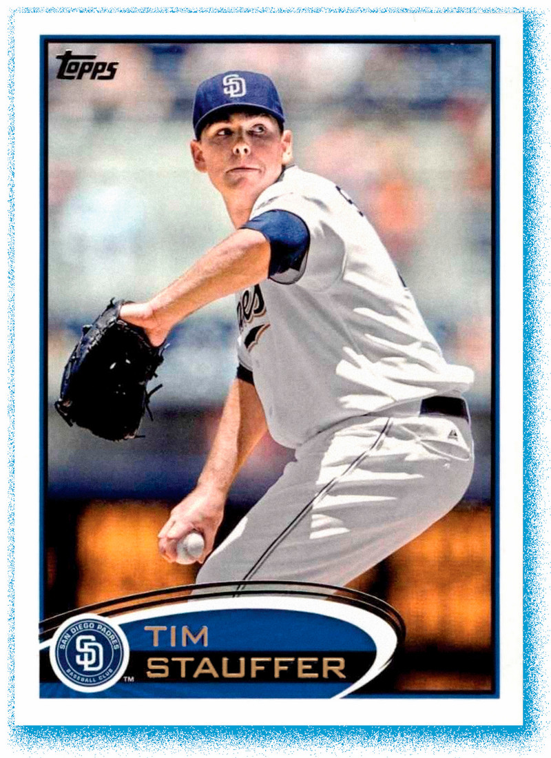 Tim Stauffer's Topps baseball card from his time on the SanDiego Padres. His is mid-pitch in the photo on the card.