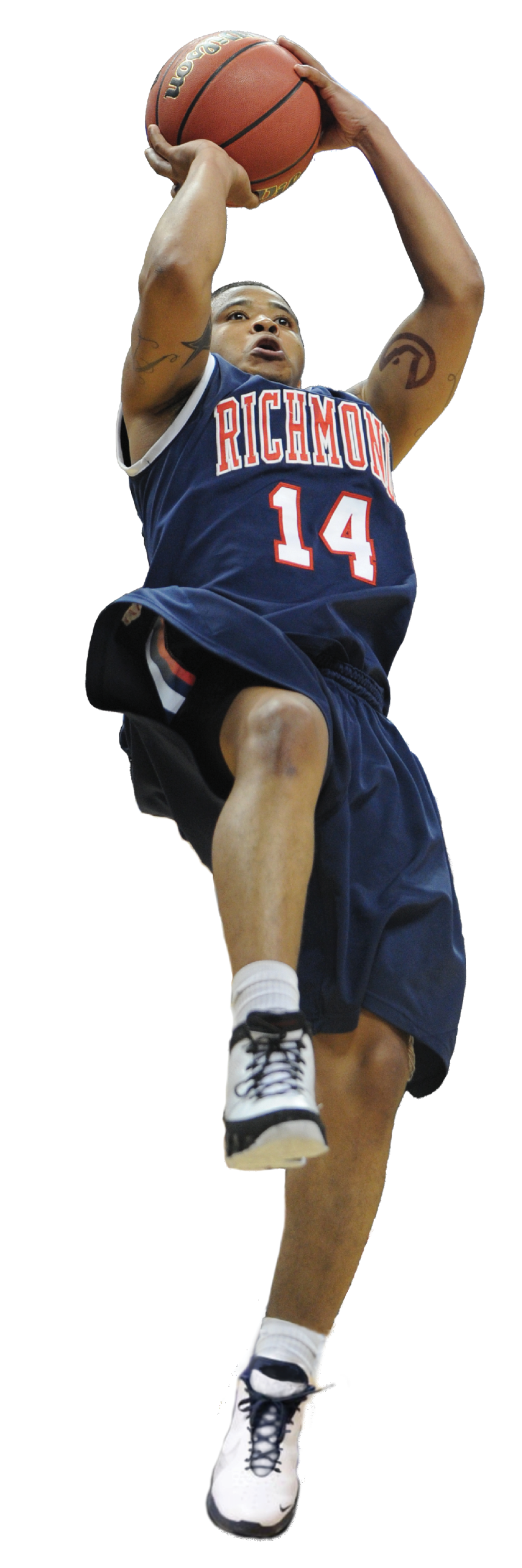 Player Kevin Anderson making a jump shot. He has been cut out of hte background of the photograph and has a spray paint style effect behind him.