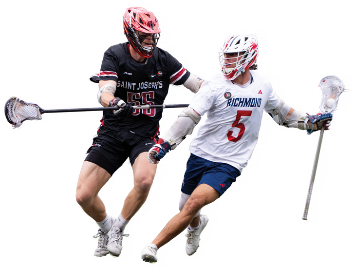 A Richmond men's lacrosse player keeps the ball away from a St. John's player. The background has been removed from teh photo and a white spray paint effect is behind the figures.