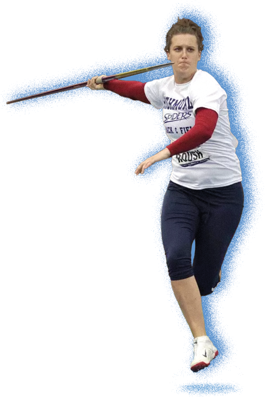 A photo of  Heather Roush, throwing the javelin in the 2011 A-10 track and field championships. The background of the photo has been removed and there is a blue spray paint effect behind the figure.