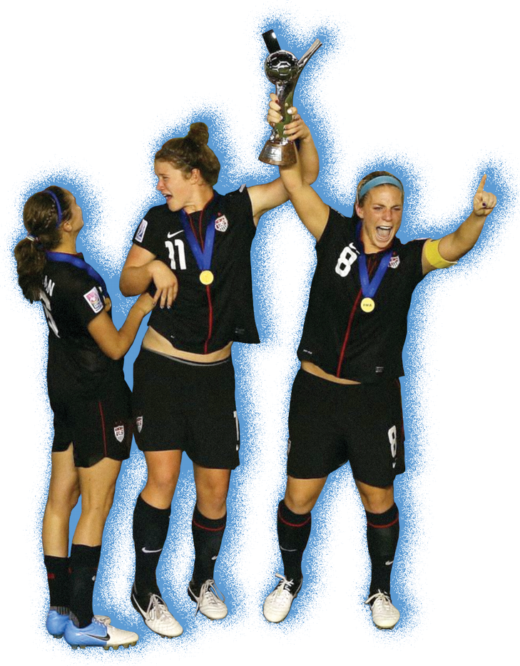 Members of the winning Women's U-20 world cup team holding the World Cup trophy. University of Richmond alumnae Becca Wann is in the center, with Julie Ertz to her right. The background of hte photo is removed and a blue spray paint effect is behind the figures.