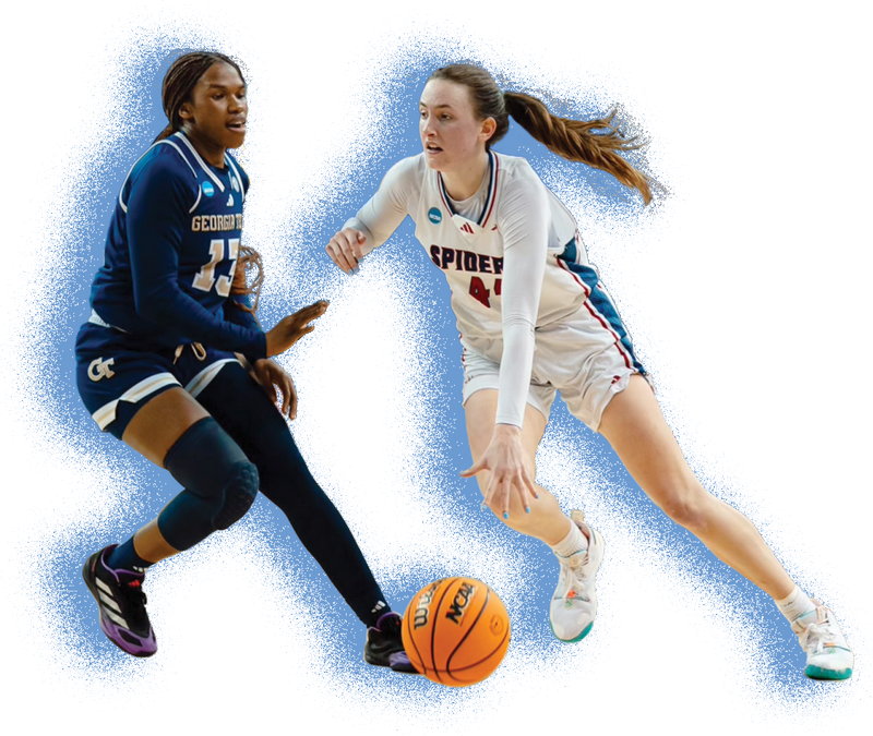 Maggie Doogan charges past a Georgia Tech player, with the ball. The background of the image has been removed and a blue spray paint effect is behind the figures.
