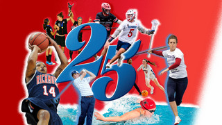 A collage centering the number 25, ringed by photos of various Spider athletes from sports including women's soccer, men's lacrosse, women's basketball, women's swimming, men's golf, and men's basketball. 