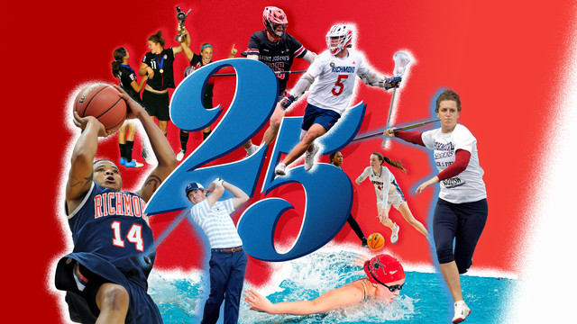 A collage centering the number 25, ringed by photos of various Spider athletes from sports including women's soccer, men's lacrosse, women's basketball, women's swimming, men's golf, and men's basketball. 