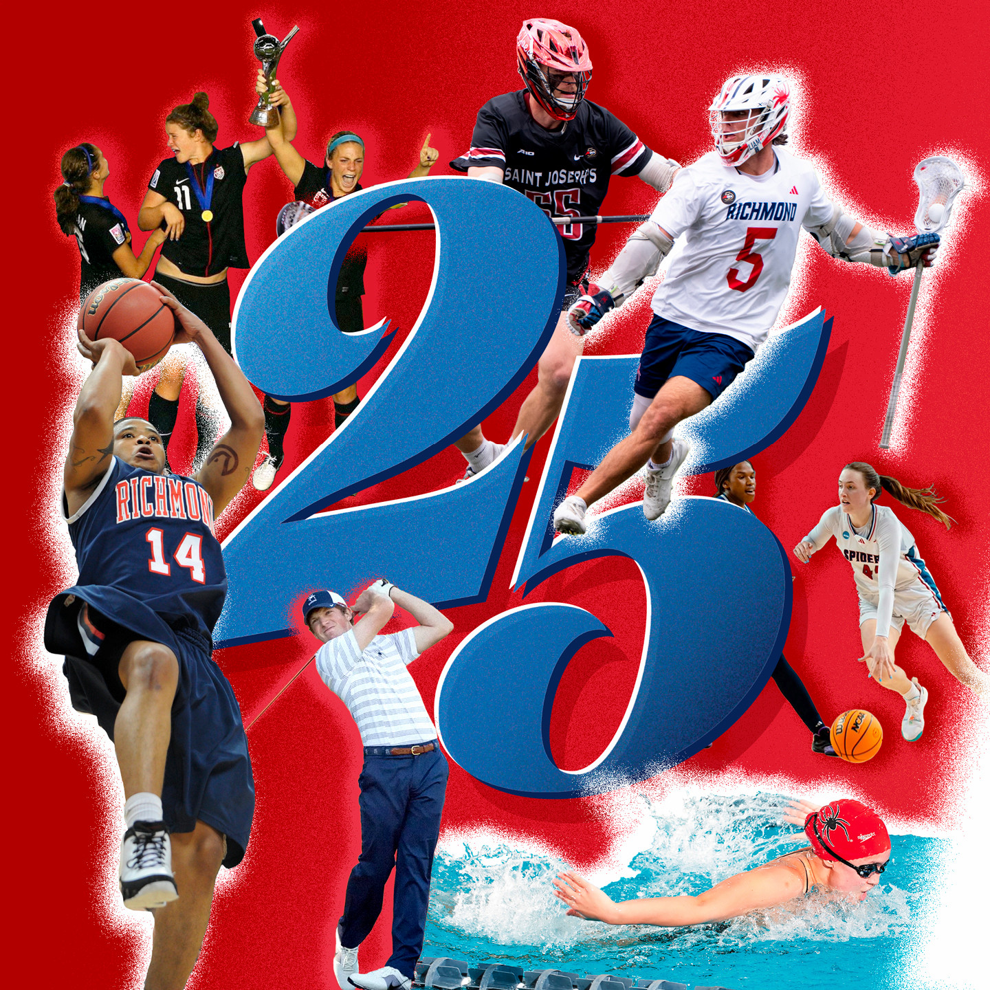 A collage centering the number 25, ringed by photos of various Spider athletes from sports including women's soccer, men's lacrosse, women's basketball, women's swimming, men's golf, and men's basketball. 