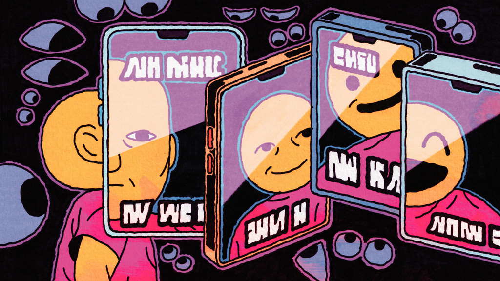 An illustration depicting a person, surrounded by eyes. There are a series of smartphones showing photos of the person, framed by meme-like captions. In each successive image, the person becomes more and more cartoonish and flattened in their depiction.