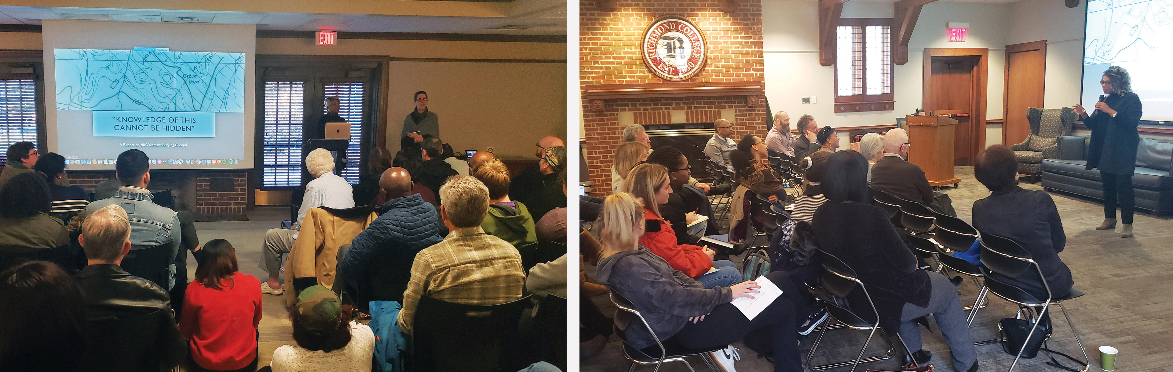 two photos of people speaking in front of seated groups at community meetings