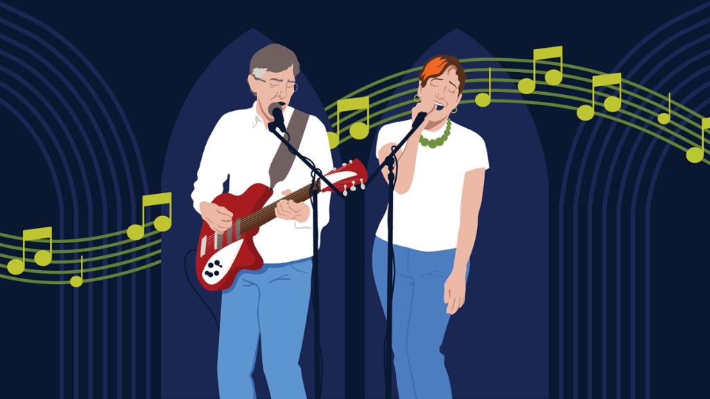 illustration of steve allred and laura knouse singing