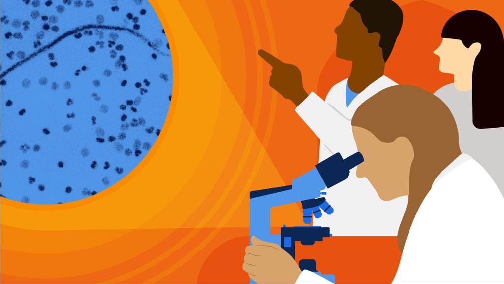 researchers and microscope illustration