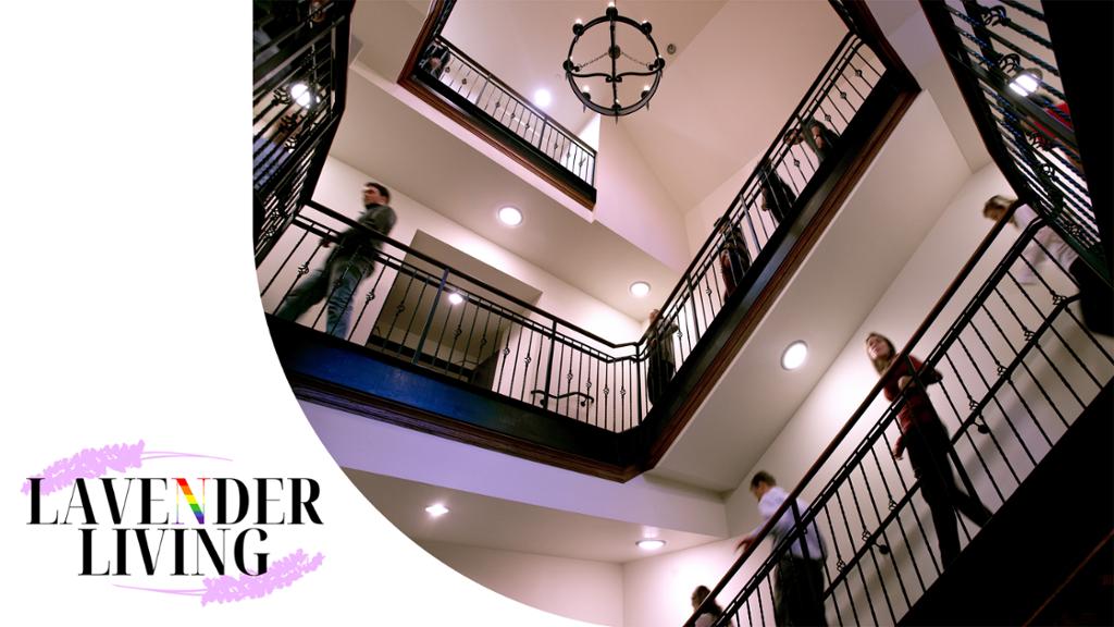 Students on staircase with Lavender Living logo superimposed