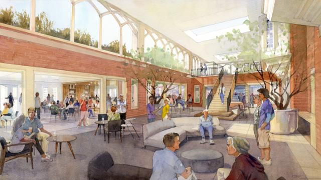 Watercolor rendering of future collaborative space on the library's lower level.