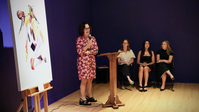 Joan Saab speaks at an art unveiling